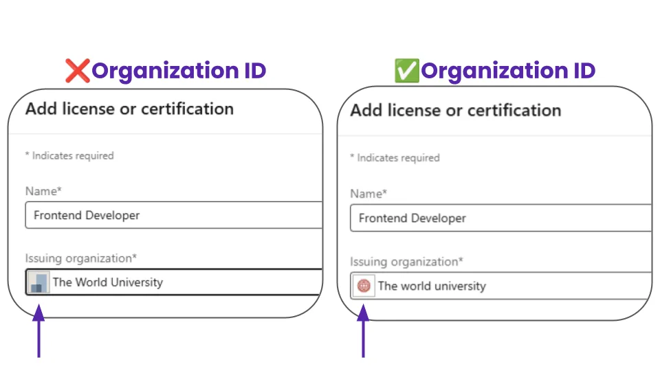 LinkedIn certification entry showing the issuing organization's logo and company page link