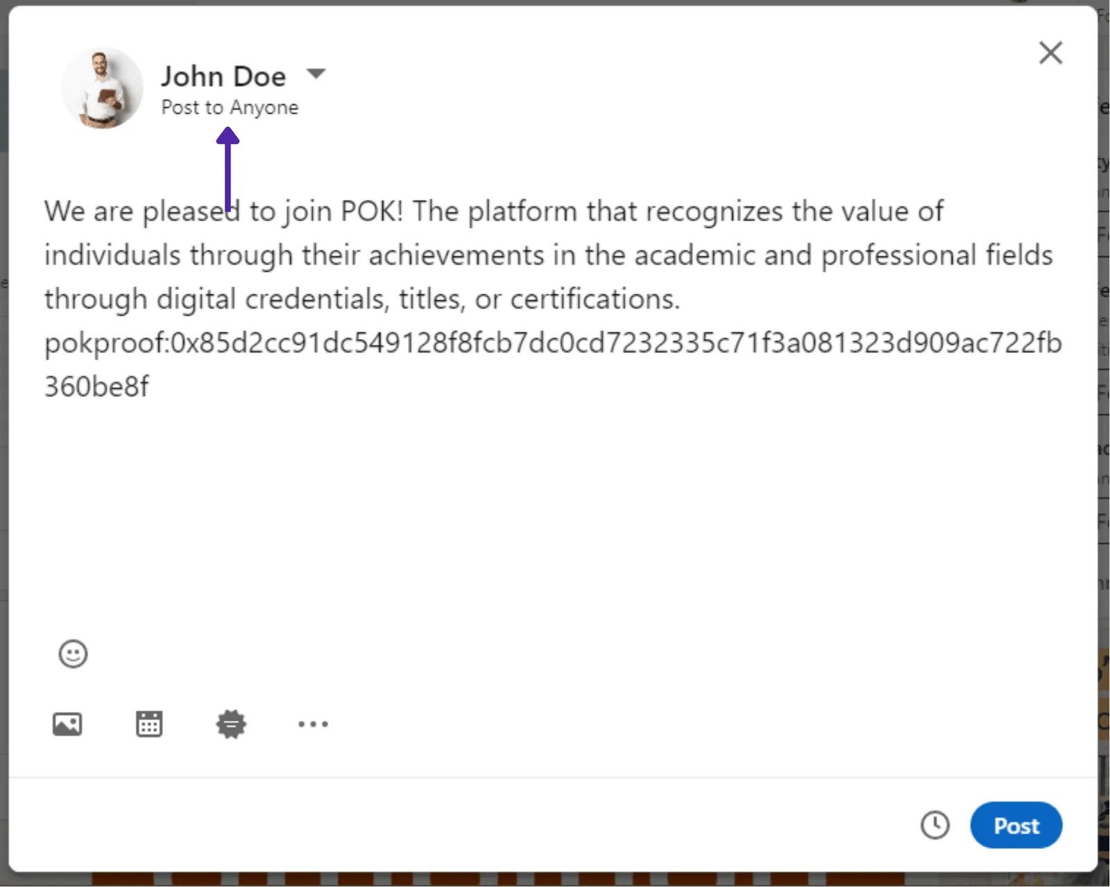 LinkedIn post composer with the POK Proof text pasted