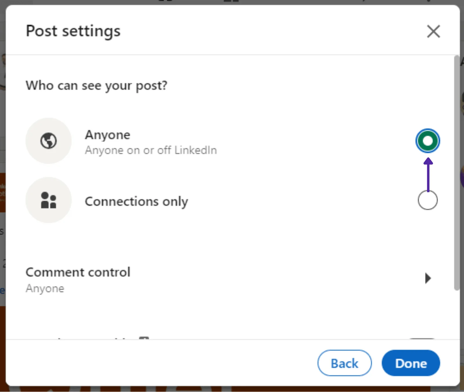 LinkedIn post visibility settings with 'Anyone on or off LinkedIn' selected