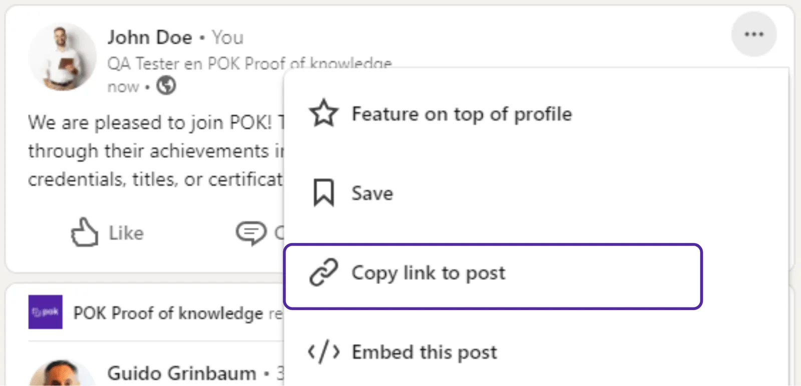 The 'Copy link to post' option in the LinkedIn post menu