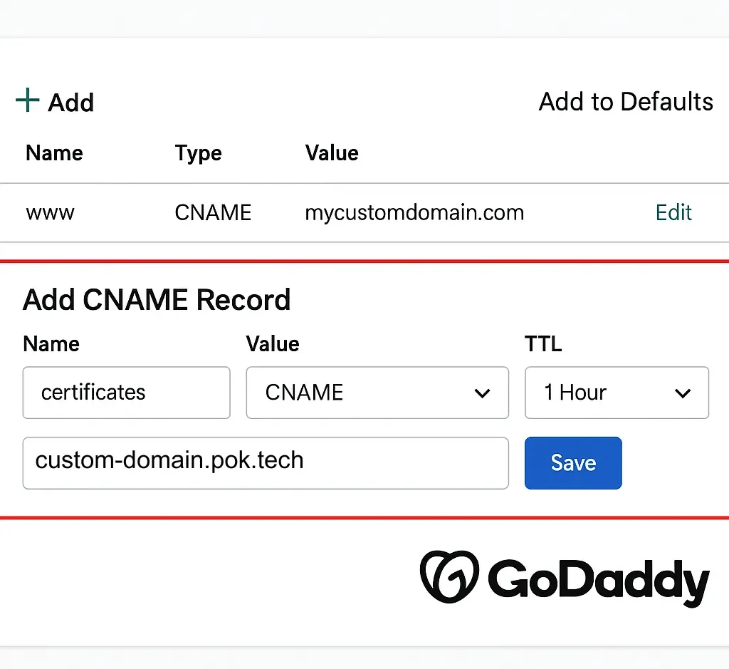 Formulario de registro CNAME en la configuración DNS de un proveedor de dominio, con el subdominio como nombre y custom-domain.pok.tech como destino