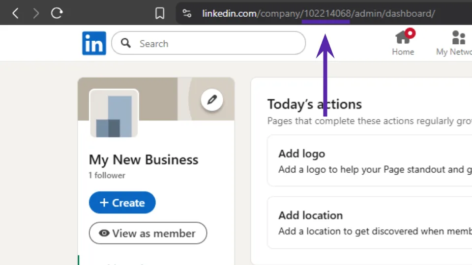 Barra de direcciones del navegador resaltando el número de Organization ID en la URL de la página de empresa de LinkedIn