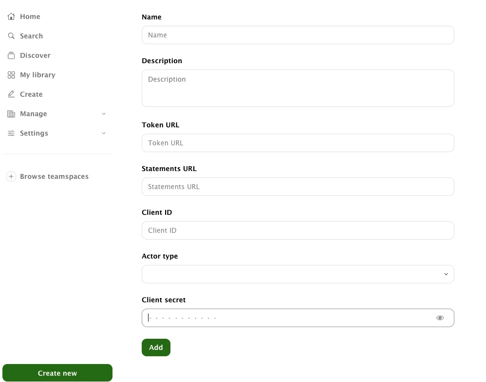 Formulario de integración xAPI de Sana con el Token URL, el Statements URL, el Client ID y el Client Secret de OAuth2, y el Actor type en Account