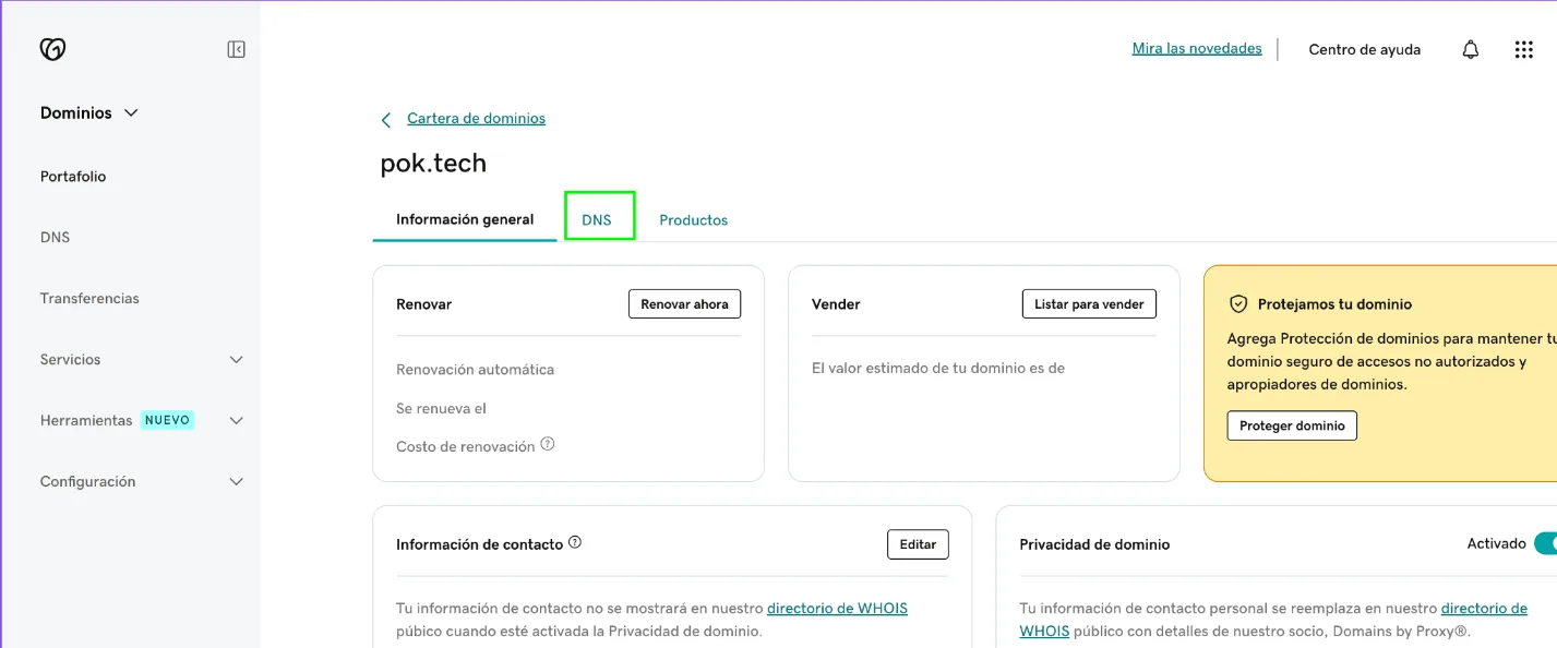 Opción DNS del dominio seleccionado en GoDaddy