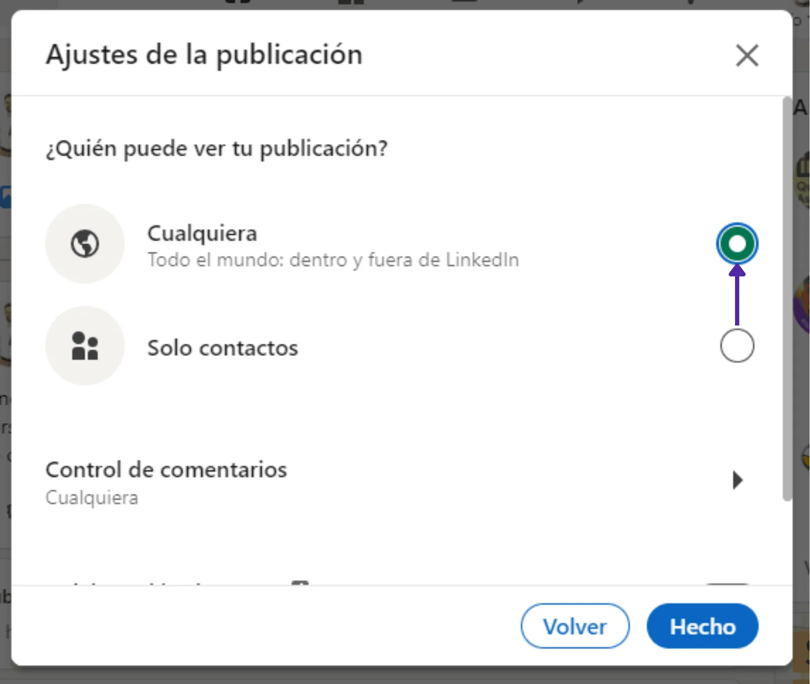 Configuración de visibilidad de la publicación con "Cualquiera dentro y fuera de LinkedIn" seleccionado