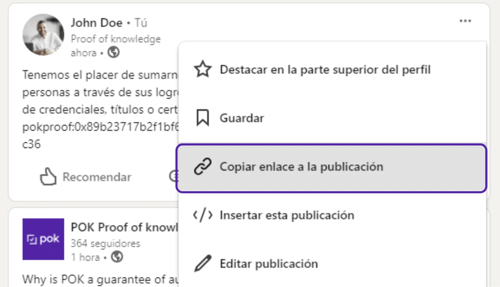 Opción "Copiar enlace a la publicación" en el menú de LinkedIn