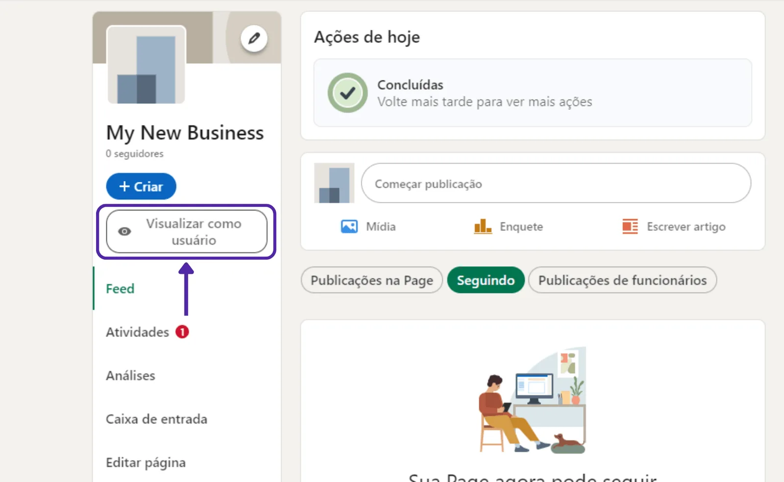 A opção Visualizar como usuário em uma página de empresa do LinkedIn
