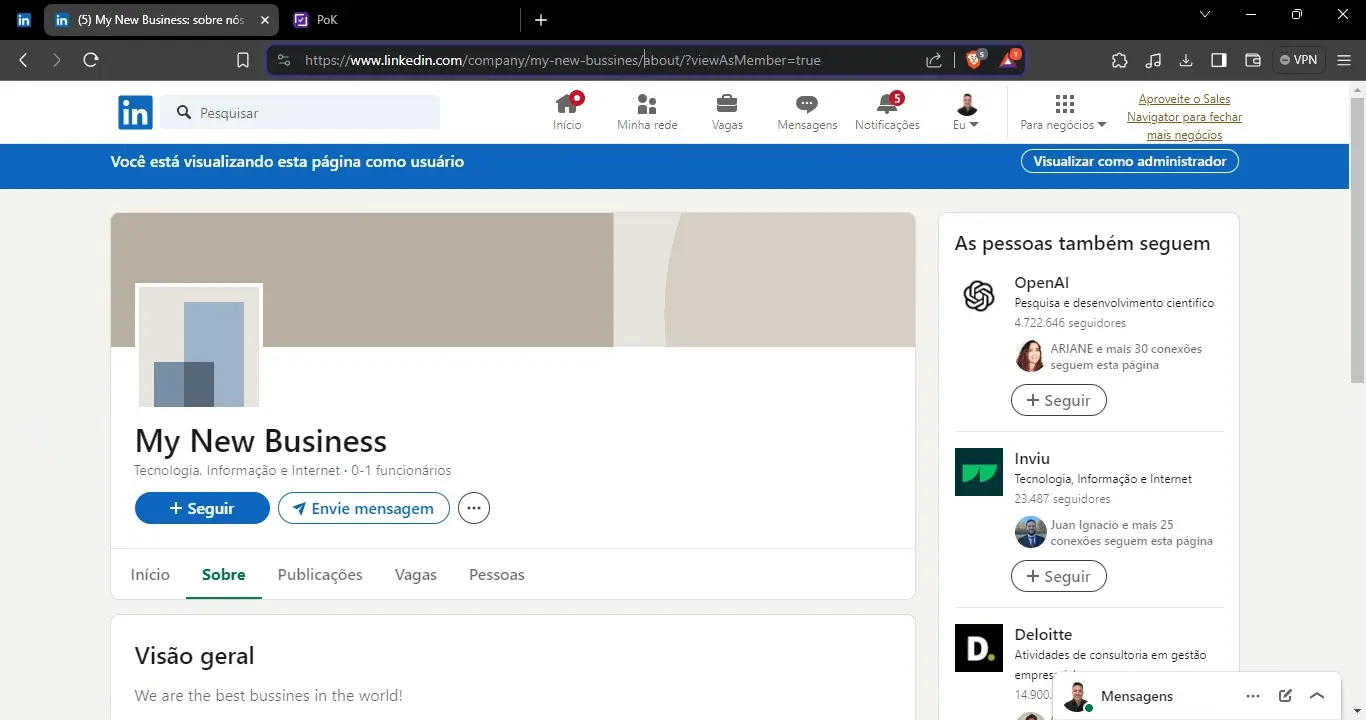 Como colar a URL da página de empresa no campo Link do perfil do usuário no POK