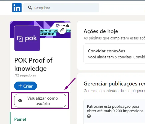 A opção Visualizar como usuário em uma página educativa do LinkedIn