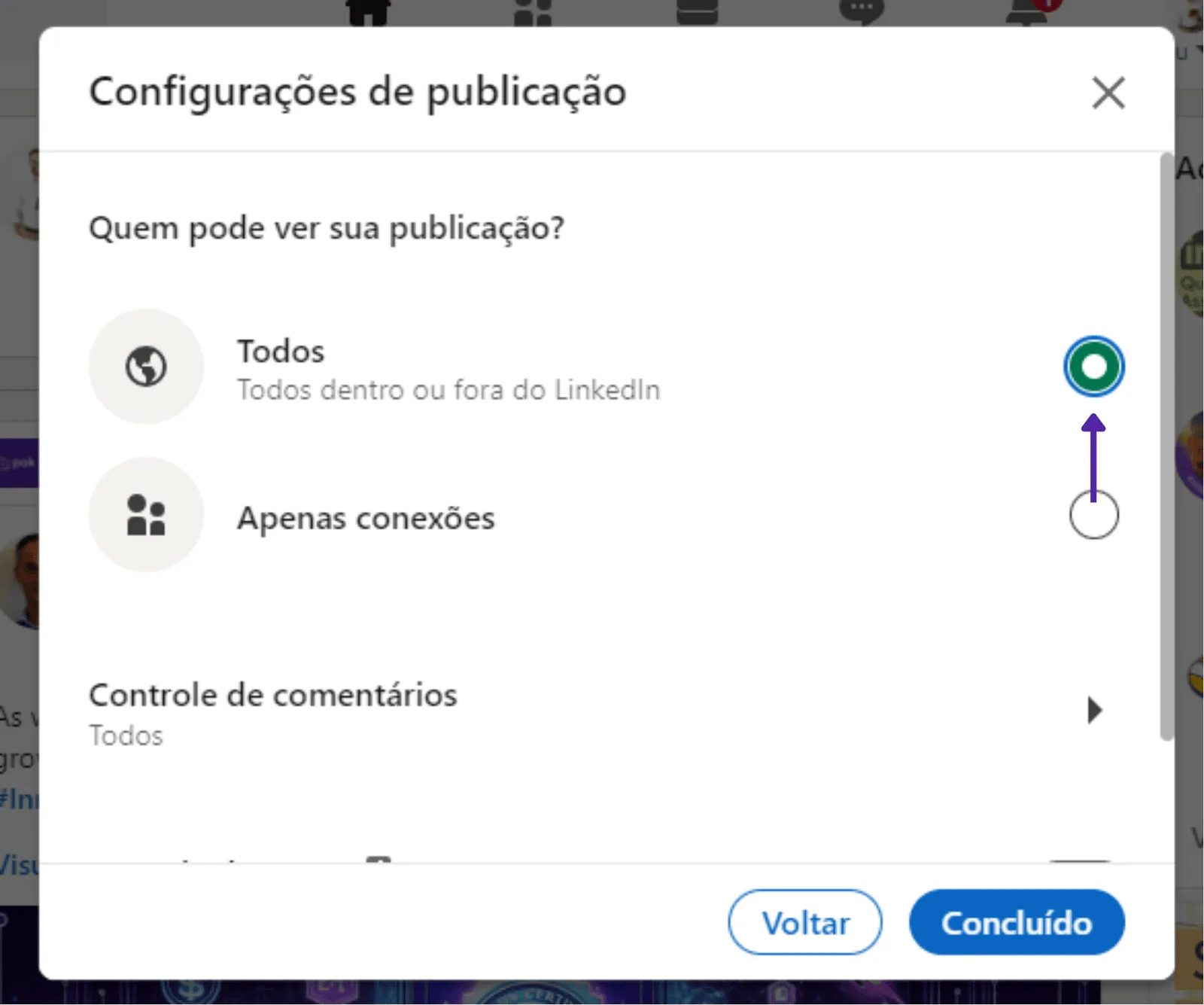 Configurações de visibilidade do LinkedIn com a opção Qualquer pessoa dentro ou fora do LinkedIn selecionada