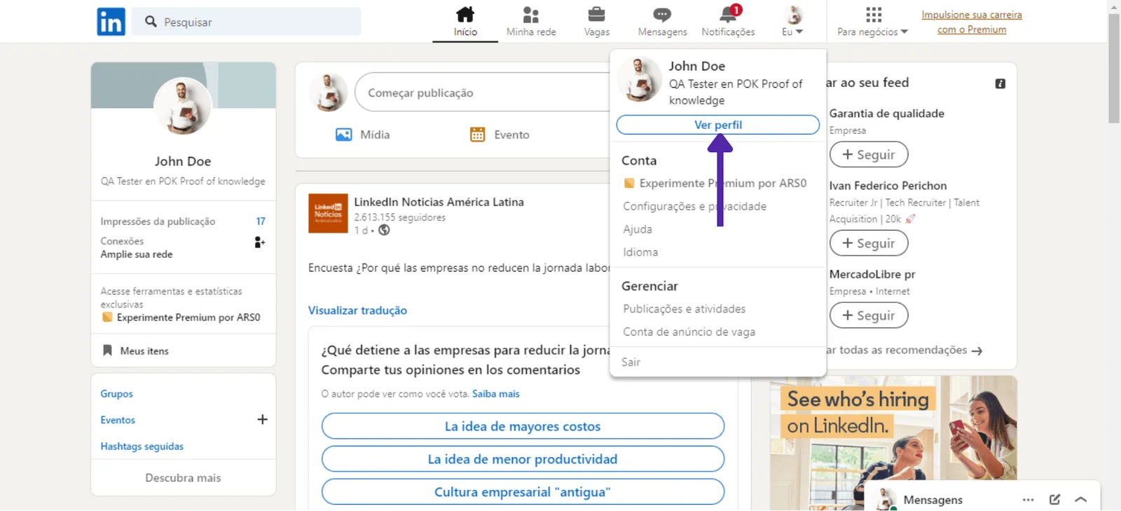 A opção Ver perfil no menu da conta do LinkedIn
