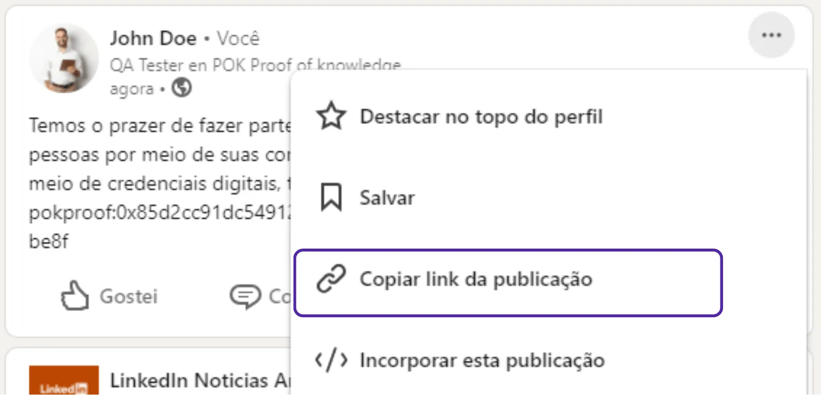 Menu da publicação do LinkedIn com a opção Copiar link da postagem em destaque