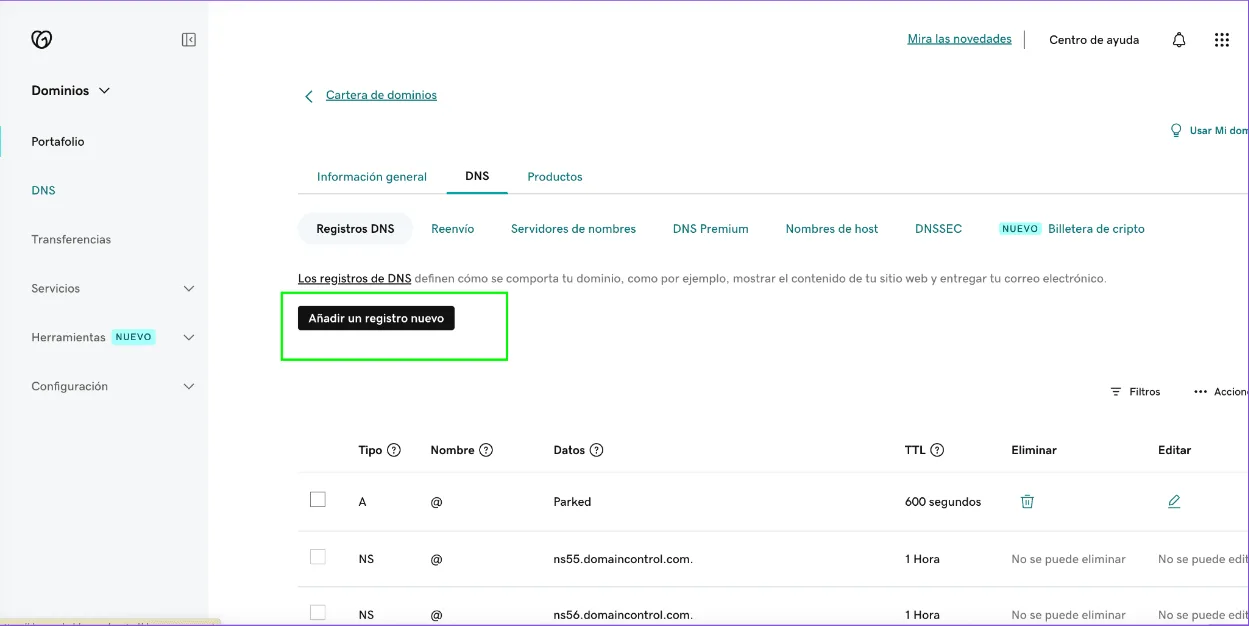 Opção para adicionar um novo registro nas configurações de DNS
